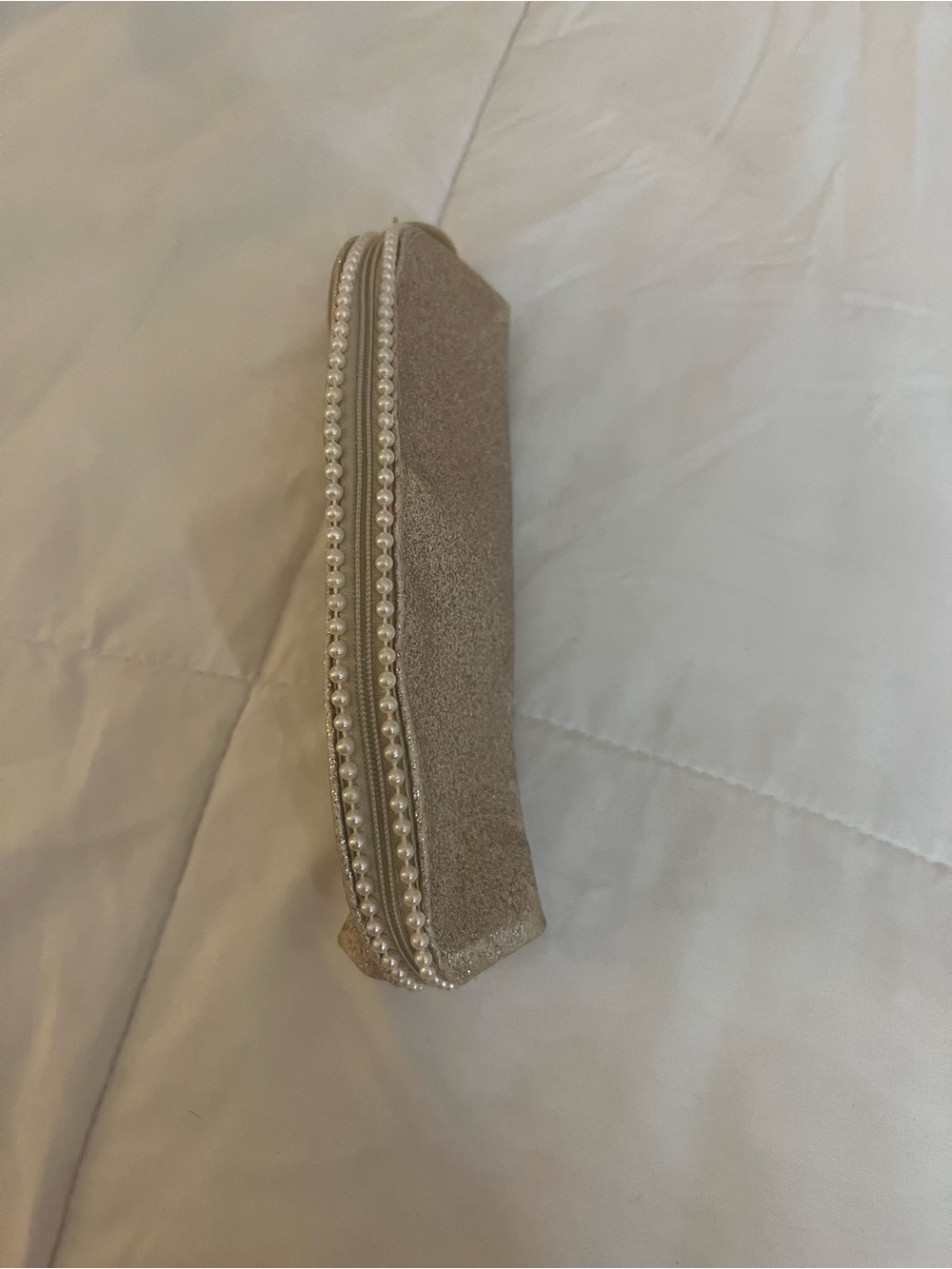 Pearl-Trim Glitter Clutch in Champagne